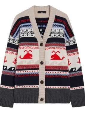 Weekend Max Mara Gleba Whale Fair Isle Cardigan XS Virgin Wool Coastal Sweater